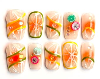 Short Square Press On Nails: Y2K Orange with 3D Fruit Gel Nail Art | Handmade Reusable Nails | Glue On Nails Set | YH - 11