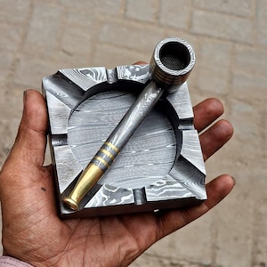 Handmade Damascus Steel Ashtray & Pipe Set – Unique Cigar and Tobacco Accessory