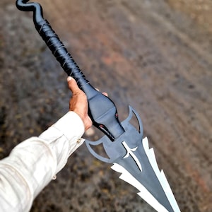 Handmade Black Fantasy Spear-Blade | Curved Pommel Prop for Cosplay & Collectors
