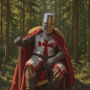 May include: A medieval knight in full armor, including a helmet with a cross, red cape, and chainmail. The knight is seated in a forest, holding a staff. The armor has a white and red cross design. The background features tall trees.