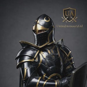 Könnte beinhalten: Schwarze und goldene mittelalterliche Rüstung mit Helm, Schulterpanzern und Schild. Die Rüstung hat goldene Akzente und ist hochglanzpoliert. Das Bild enthält den Text "UnitedArmouryLtd" und ein Logo.