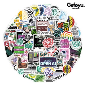 Könnte beinhalten: Eine Sammlung bunter Aufkleber mit verschiedenen Designs und Texten zum Thema ChatGPT und KI. Die Aufkleber zeigen Logos, Sätze wie "Open AI" und Bilder von Robotern und Gehirnen. Die Aufkleber sind kreisförmig angeordnet.