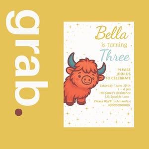 Highland Cow Birthday Invitation Party Invite Sparkle Invitation Download Printable Canva Template Girls Invitation