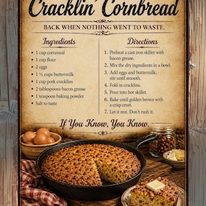 Peut inclure: Une affiche de style vintage avec une recette de pain de maïs, montrant une poêle en fonte avec du pain de maïs doré. L'affiche comprend le texte "Grandma's Cracklin' Cornbread" et "Black Southern Kitchen Classic."