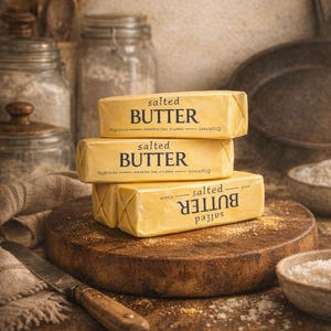 May include: A stack of three yellow butter packages labeled "salted BUTTER" on a wooden cutting board. The image includes a knife, small bowls of salt, and text that reads "BUTTER MAKES IT BETTER" and "PASSED DOWN, NOT MEASURED."