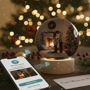 Globe vidéo personnalisé avec base en bois, cadeau d'anniversaire personnalisé pour couple, orbe à mémoire de forme