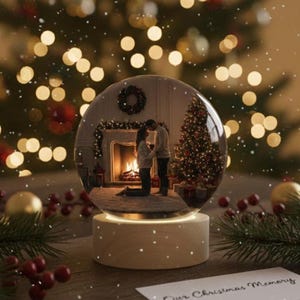 May include: A snow globe with a Christmas scene inside, featuring a couple in front of a fireplace and Christmas tree. The globe sits on a wooden base, with the text "Our Christmas Memory" on a card. Festive bokeh lights and decorations surround the globe.