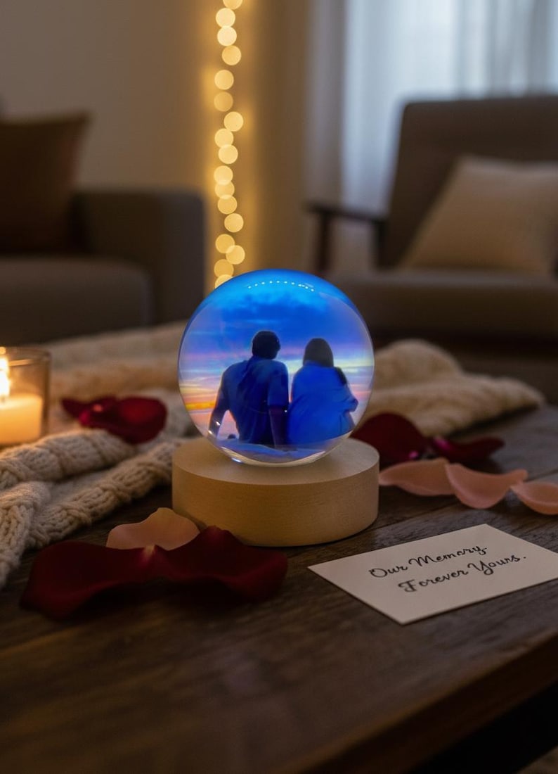 May include: A glowing glass sphere with a couple silhouette against a sunset scene, mounted on a wooden base. The sphere is surrounded by rose petals and a card that reads "Our Memory, Forever Yours."