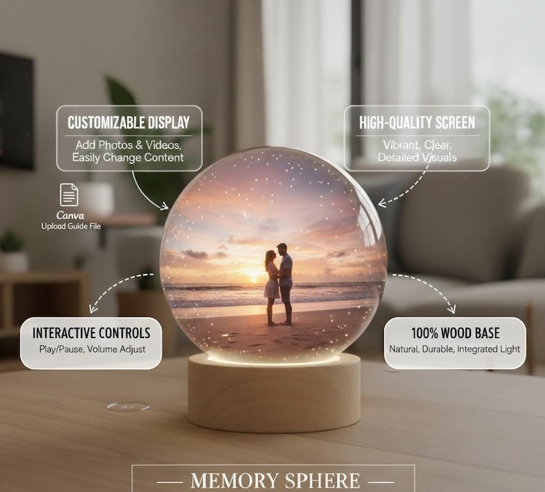 May include: A Memory Sphere with a wood base. The sphere displays a beach scene with a couple. Features include a customizable display, high-quality screen, interactive controls, and a 100% wood base.