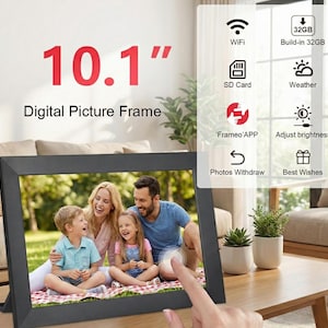 May include: A black 10.1-inch digital picture frame displaying a family photo. The frame has a built-in 32GB storage, WiFi, and SD card capabilities. Additional features include weather updates and brightness adjustment.