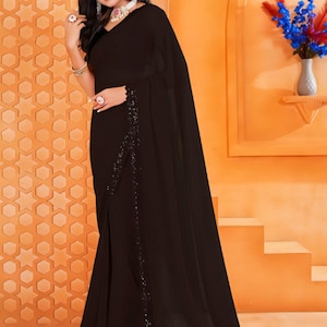 Sari noir à sequins en georgette : tenue de mariage indienne élégante