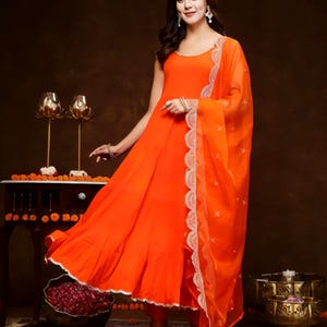 Orange Rayon Anarkali Suit Set: Embroidered Dupatta, Indian Partywear