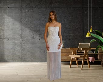Lustre Pearl Beaded Bridal Gown - Chic Strapless Wedding Dress