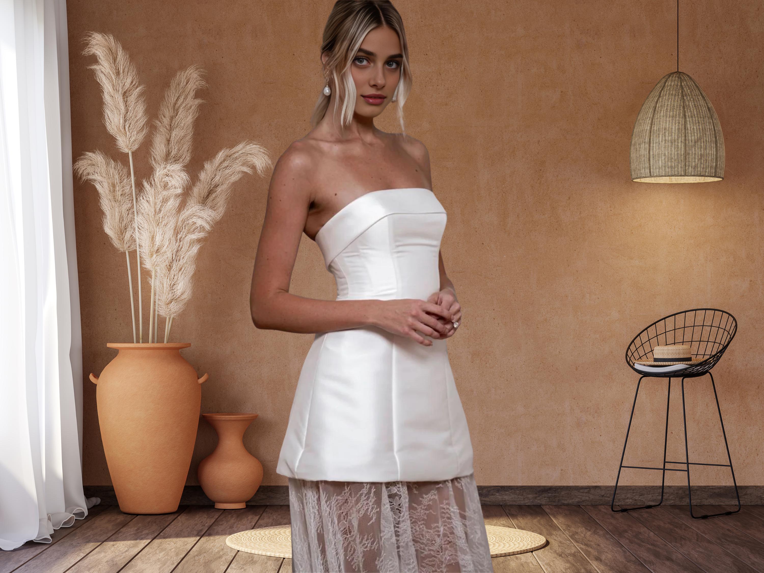 Strapless Satin Wedding Dress – Custom Lace Sleeve Gown with Detachable Train