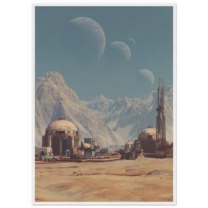 Póster retro de ciencia ficción de una colonia minera / Arte de planetas extraterrestres / Ilustración enmarcada de los años 70