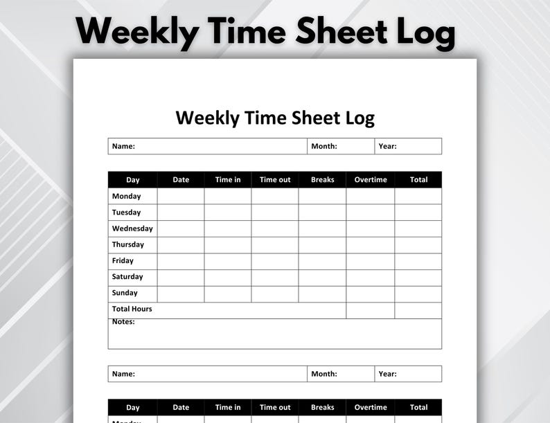 Printable Weekly Employee Time Sheet Log | Time Spent Tracker PDF ...