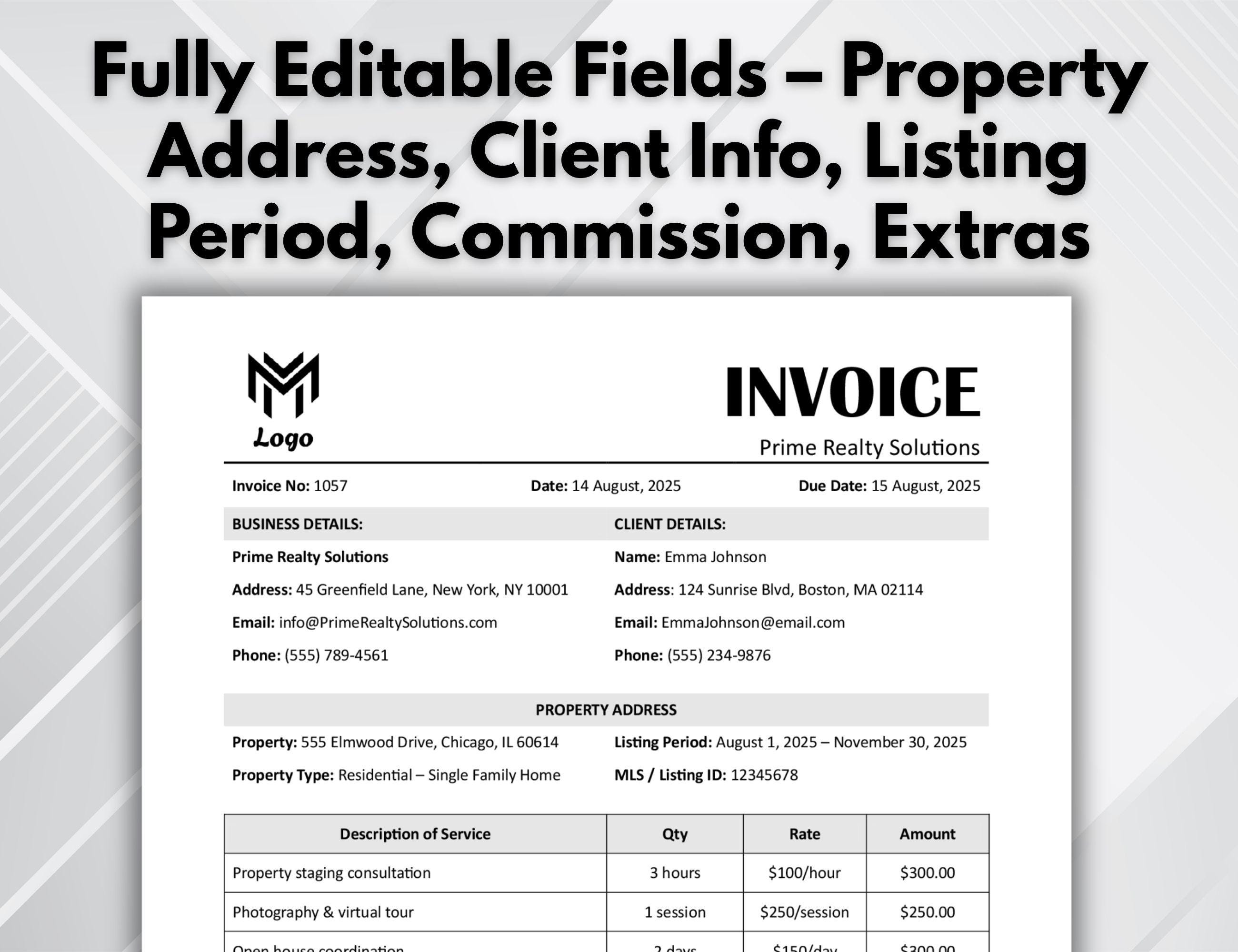 Real Estate Agent Invoice Template, Editable Realtor Billing Form ...