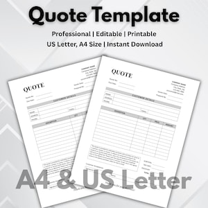 Könnte beinhalten: Zwei weiße Angebotsvorlagen mit dem Wort "QUOTE" oben. Die Vorlagen enthalten Felder für Kundendetails, Beschreibungen und Beträge. Der Text oben lautet "Quote Template" und "Professional | Editable | Printable | US Letter, A4 Size | Instant Download."