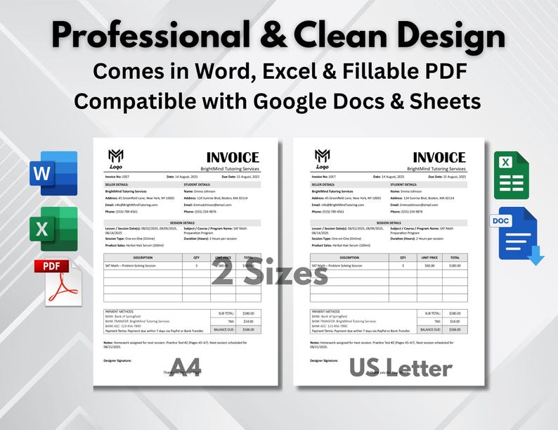 Tutor Invoice Template: Editable Word, Excel, PDF (digital Download ...