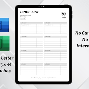 May include: A digital tablet displays a price list template with the title "PRICE LIST". The template includes sections for product/service details and categories. The tablet is labeled "US Letter 8.5 x 11 inches". Icons for Word and Excel are also present.