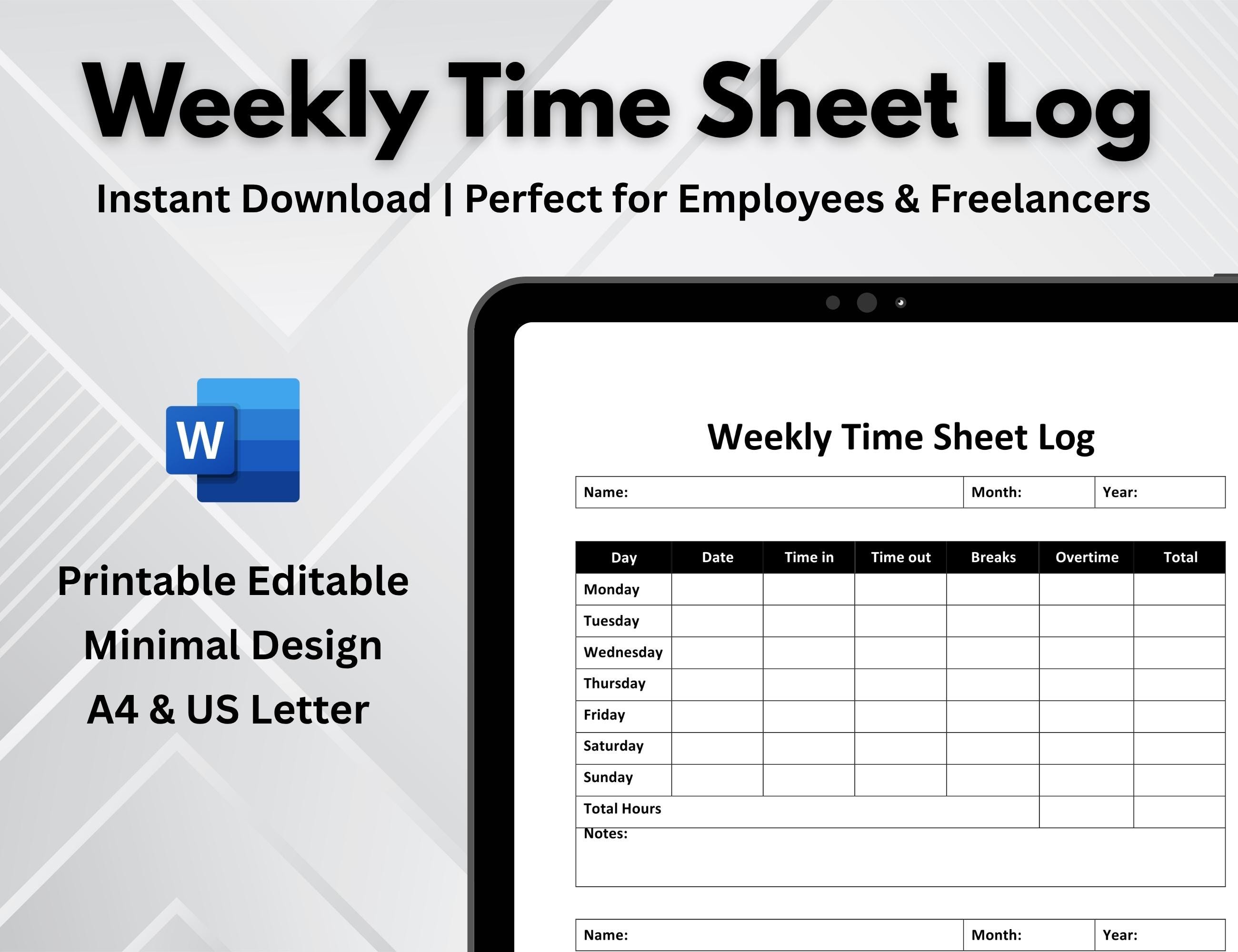 Printable Weekly Employee Time Sheet Log | Time Spent Tracker PDF ...