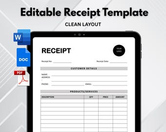 Editable Receipt Template. Receipt Form. Customer Receipt. Small Business Digital Receipt. Sales Receipt. Word Receipt Form Instant Download