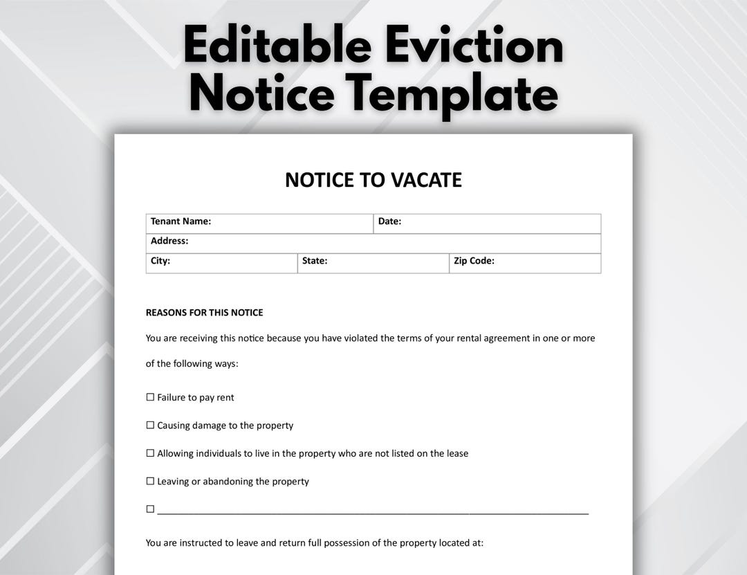 Eviction Notice Template | Printable & Editable Notice to Vacate | Word ...