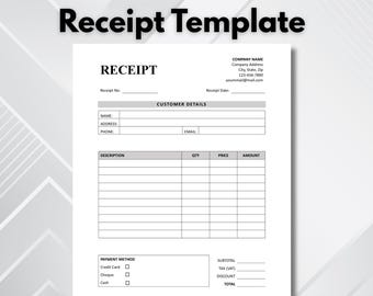 Plantilla de recibo editable. Formulario de recibo digital para pequeñas empresas. Recibo de cliente. Recibo de venta. Descarga instantánea de recibos en Word y Excel.