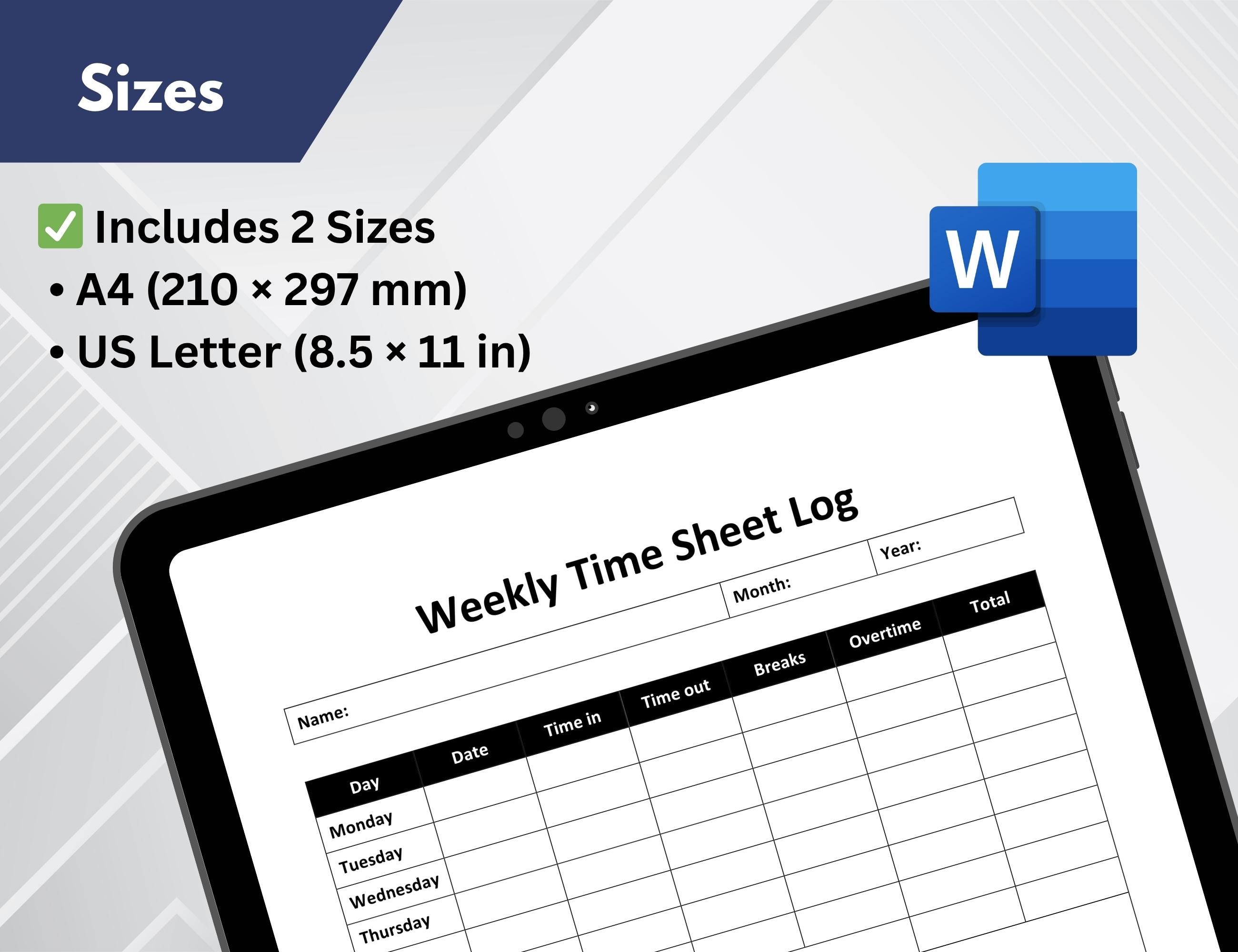 Printable Weekly Employee Time Sheet Log | Time Spent Tracker PDF ...