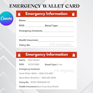 Editable Emergency Contact Card | Printable ICE Wallet ID | Fillable Medical Info Card | Emergency ID Template