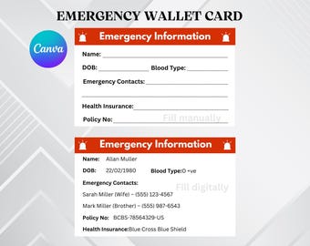 Carte de visite modifiable en cas d'urgence | Carte d'identité médicale imprimable pour portefeuille | Modèle d'informations médicales et ICE à remplir pour la sécurité et les voyages