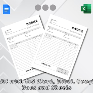 May include: Two white invoice templates with black text, featuring sections for company details, billing, and product descriptions. The image includes MS Word, Excel, and Google Docs icons, with the text "Edit with MS Word, Excel, Google Docs and Sheets."