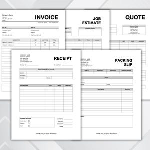 Può includere: Una raccolta di moduli aziendali, tra cui una fattura, un preventivo di lavoro, un preventivo, una ricevuta e una bolla di accompagnamento. Ogni modulo è bianco con testo nero e ha sezioni per le informazioni aziendali e i dettagli del cliente.