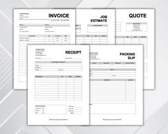 Editable Invoice, Quote & Receipt Templates | Customizable Business Forms for Small Business | Packing Slip Job Estimate Templates Bundle