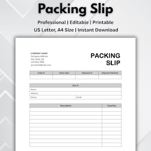 以下が含まれることがあります： 太字の黒い文字で「Packing Slip」というタイトルが付いた白い梱包スリップテンプレート。テンプレートには、注文の詳細、配送情報、商品の説明のフィールドが含まれています。