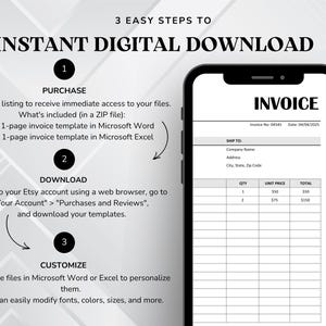 May include: A smartphone screen showing an invoice template, alongside instructions for an instant digital download. The steps include purchase, download, and customisation. The templates are available in Microsoft Word and Excel formats.