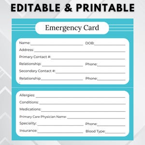 Emergency Contact Card | Printable ICE Wallet Card | Editable Medical Info Card for Kids & Adults | Canva + Fillable PDF Template