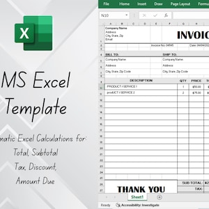 May include: Image of an MS Excel template featuring a green and white Excel logo. The template is designed for invoices, with sections for company details, product descriptions, and calculations. Text on the image reads: "Automatic Excel Calculations for: Total, Subtotal, Tax, Discount, Amount Due."