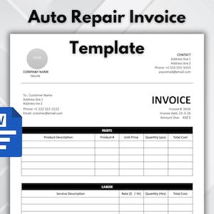 May include: A white Auto Repair Invoice Template with the word "Template" in large, bold text. The invoice includes sections for parts and labor, with fields for product description, quantity, and cost. A blue Word document icon is in the lower left.