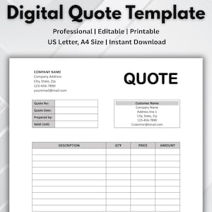 May include: A digital quote template on white paper. The template includes fields for company and customer information, quote details, and a table for item descriptions, quantities, prices, and amounts. Text at the top reads "Digital Quote Template".