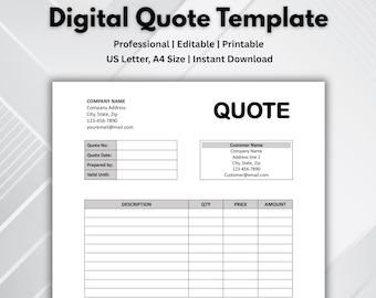 Quote Template. Quote Form. Job Proposal. Job Quote for Small Business. Price Estimate Quotation Template Editable in Word Excel Google Docs