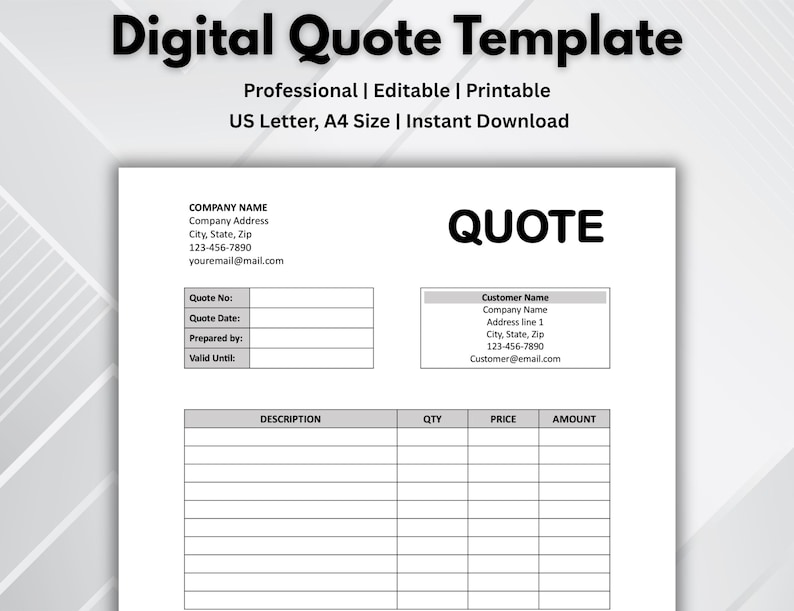 Quote Template. Quote Form. Job Proposal. Job Quote for Small Business ...