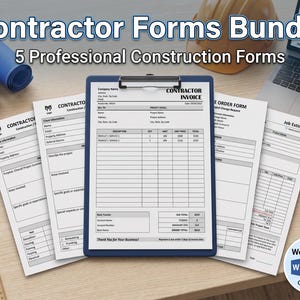 Puede incluir: Un paquete de formularios para contratistas con 5 documentos de construcción profesionales en papel blanco. Incluye factura, presupuesto y orden de cambio, presentados en un portapapeles azul con iconos de archivos Word y PDF.