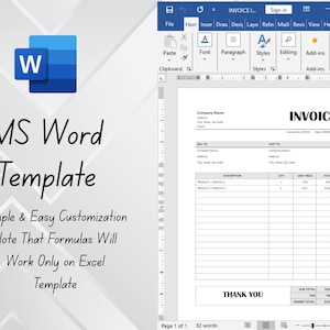 May include: A Microsoft Word invoice template displayed on a computer screen. The document features fields for company details, billing information, and product descriptions. The image includes the text "MS Word Template" and instructions for use. The word "INVOICE" is prominently displayed.
