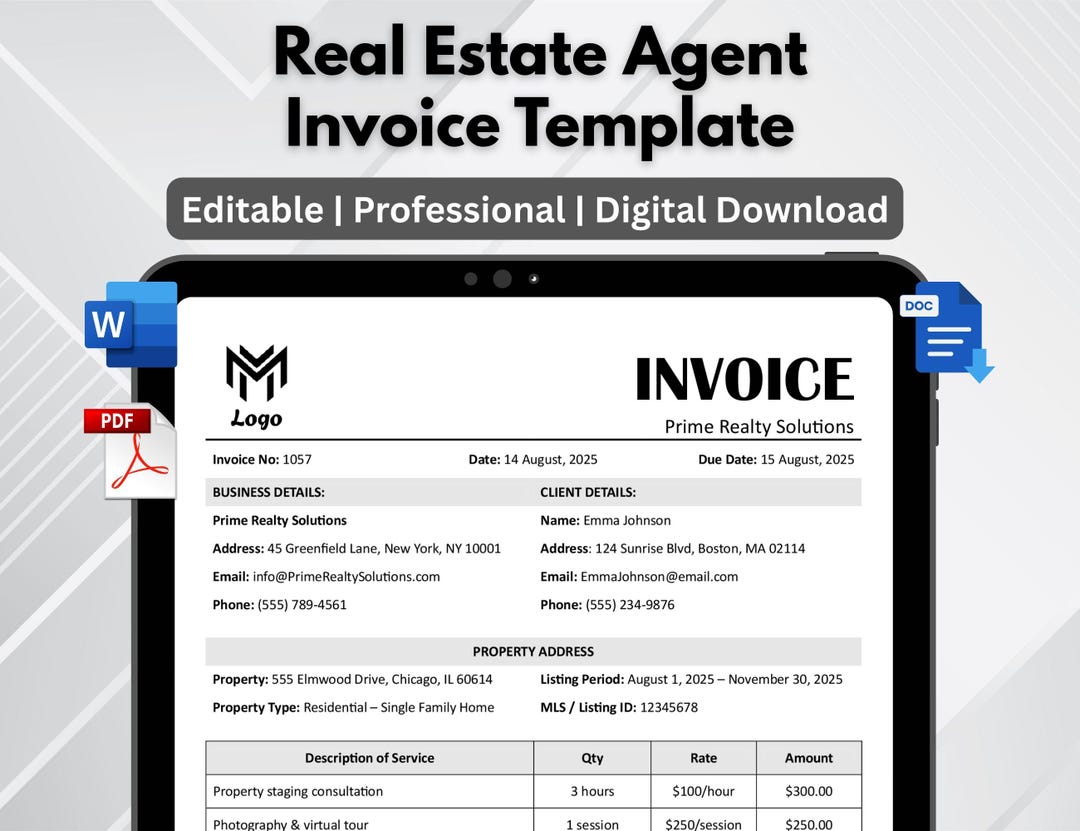 Real Estate Agent Invoice Template, Editable Realtor Billing Form ...