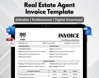 Real Estate Agent Invoice Template, Editable Realtor Billing Form, Instant Digital Download, Professional Commission Property Listing Bill