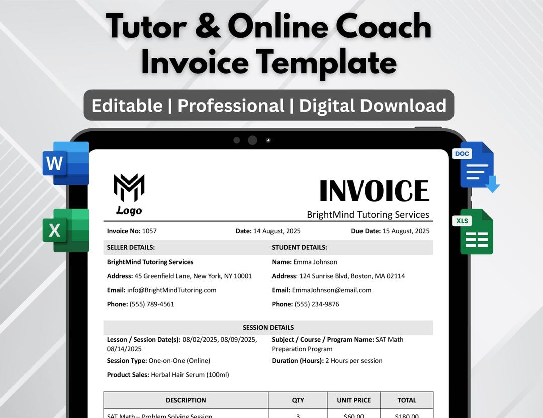 Tutor Invoice Template: Editable Word, Excel, PDF (digital Download - Etsy