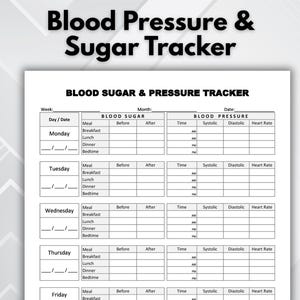 Könnte beinhalten: Ein weißes Blatt zur Verfolgung von Blutzucker und Blutdruck mit dem Titel "Blood Pressure & Sugar Tracker" oben. Der Tracker enthält Abschnitte für Blutzucker, Blutdruck und Herzfrequenz, mit Feldern für tägliche Messwerte.
