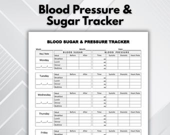 Blood Sugar and Blood Pressure Tracker | Weekly Daily Glucose & BP Monitoring Sheet | Printable Diabetes level Monitor Excel PDF Log