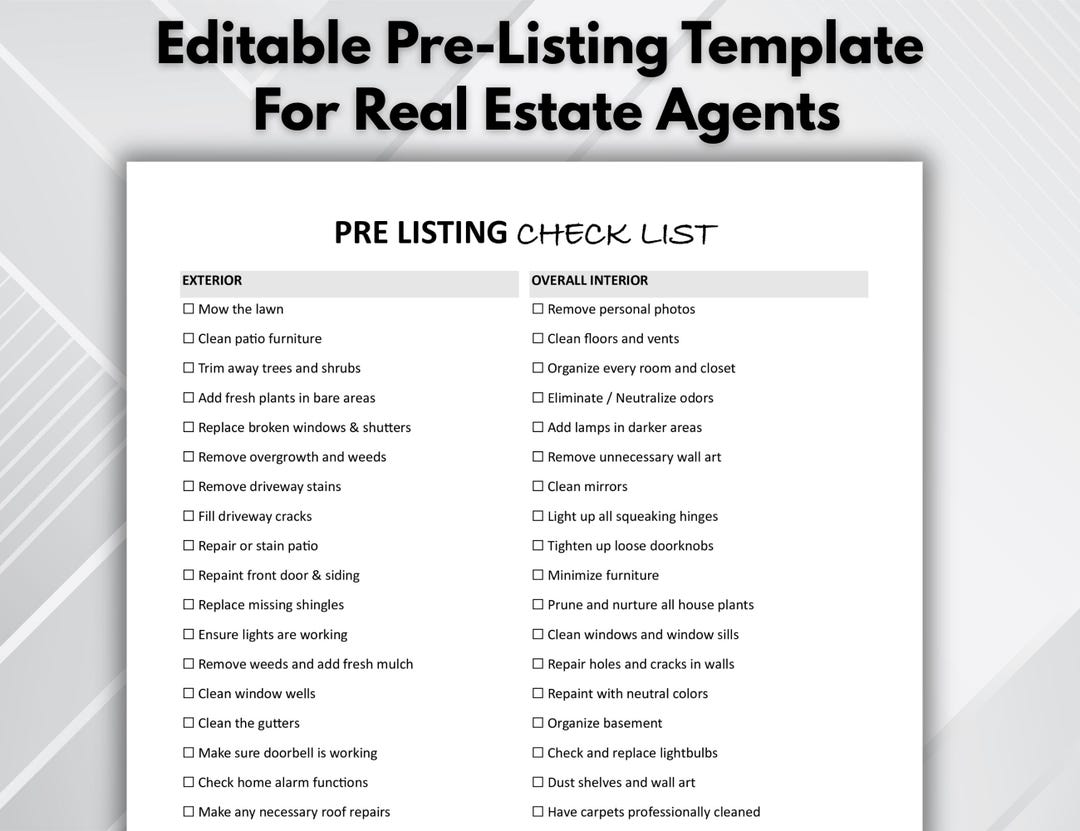Real Estate Pre Listing Checklist Template | Editable Realtor ...